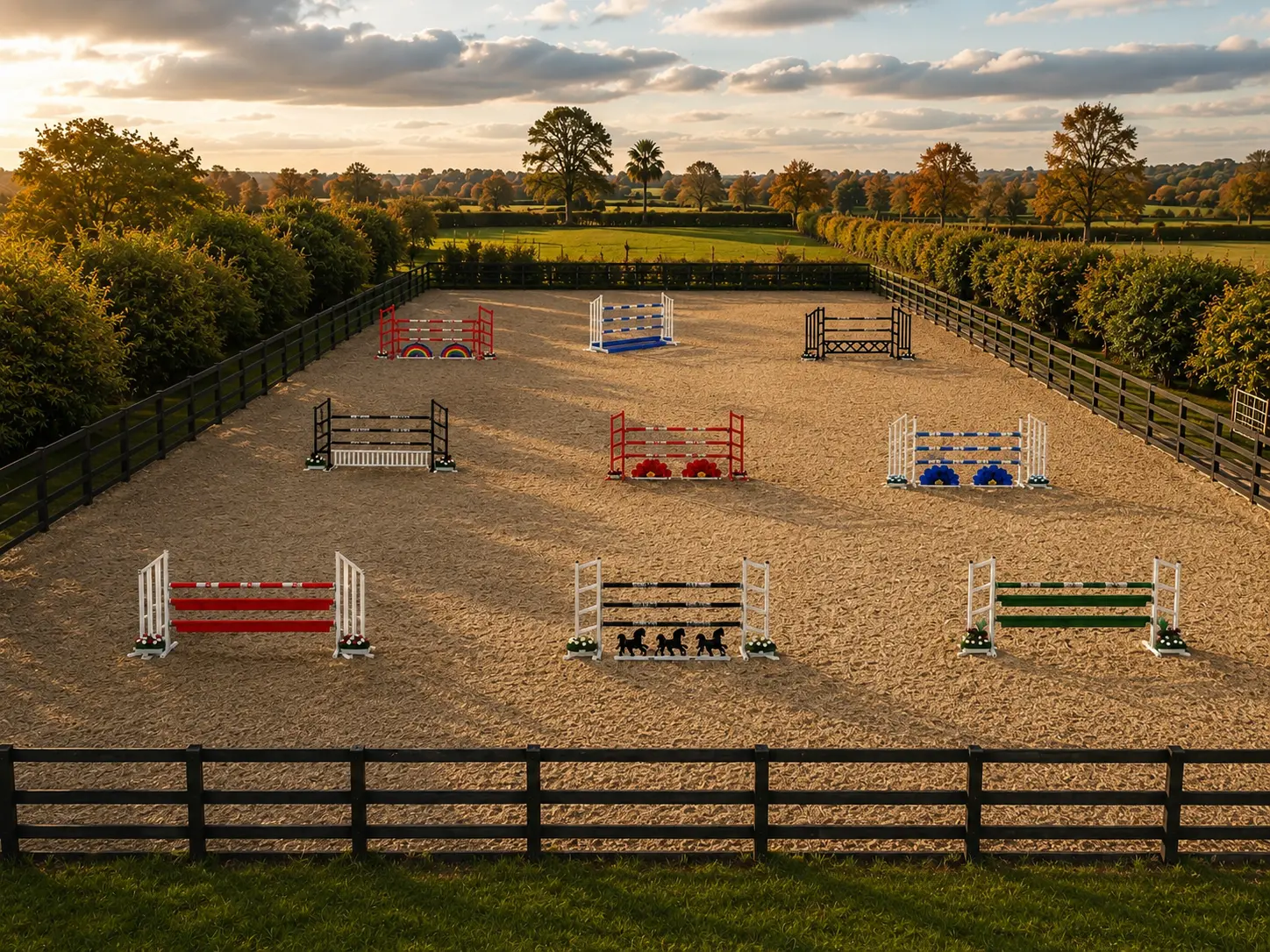 ProHorseJumps gallery — Complete 9 Jump Club & Arena Set — nine jumps at sunset