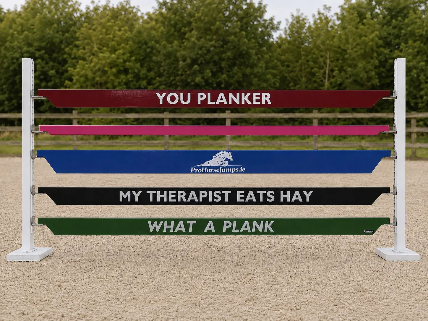 ProHorse Plankers™ Collection on white wings in a sand arena — burgundy 'You Planker', pink plank, blue ProHorseJumps.ie branded plank, black 'My Therapist Eats Hay' and green 'What a Plank'