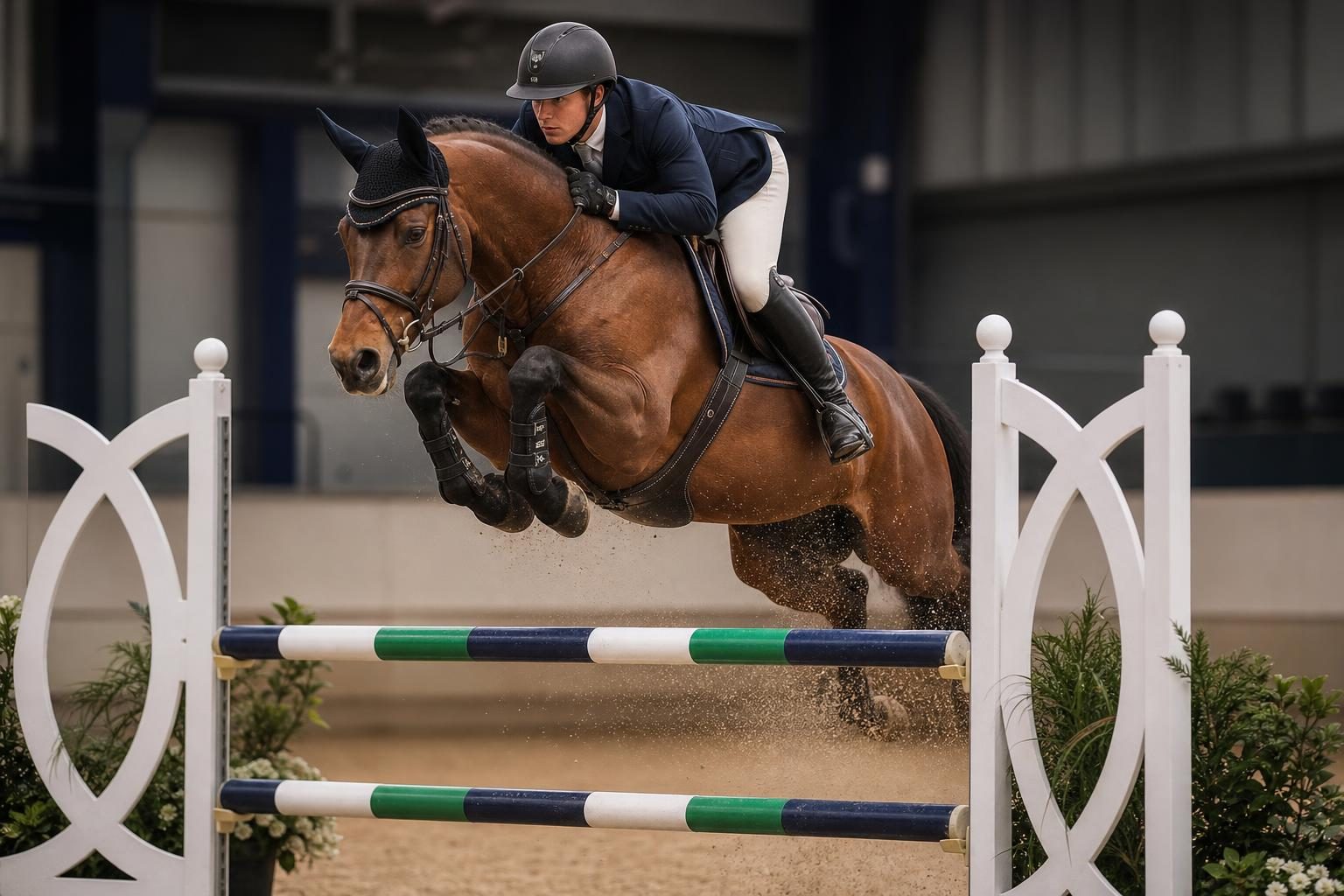 Horse and rider clearing a Pro Horse show jump in an arena